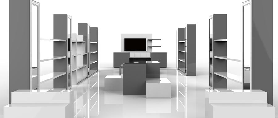 3D rendering of a store design with displays and counter
